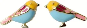 MALOYANVE Cute Bird Earrings 925 Sterling Silver Gold Plated Post Small Lifelike Animal Pet Enameled Blue Yellow Pink or Purple Feather Birds Piercing Ear Stud Earrings Jewelry Gifts for Women