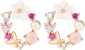 MALOYANVE Wreath Butterfly Flower Stud Earrings for Women Creative Cute Sweet Crystal Gold Plated Metal White Flower Floral Statement Earrings Jewelry Gifts