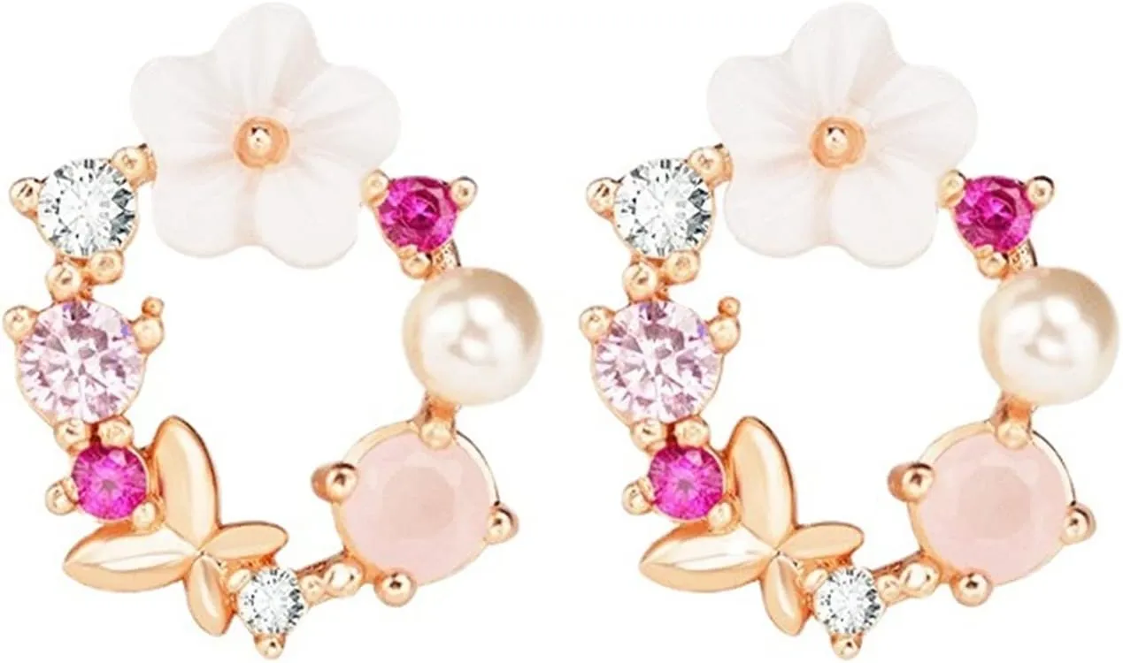 MALOYANVE Wreath Butterfly Flower Stud Earrings for Women Creative Cute Sweet Crystal Gold Plated Metal White Flower Floral Statement Earrings Jewelry Gifts