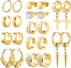 Men Earrings, Funtopia 11 Pairs Stainless Steel Small Hoop Earrings Cross Dangle Earrings Set, Fashion Huggie Earrings Piercing Jewelry for Party Birthday