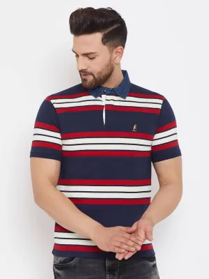 Men's Navy Blue Cotton Striped Polos