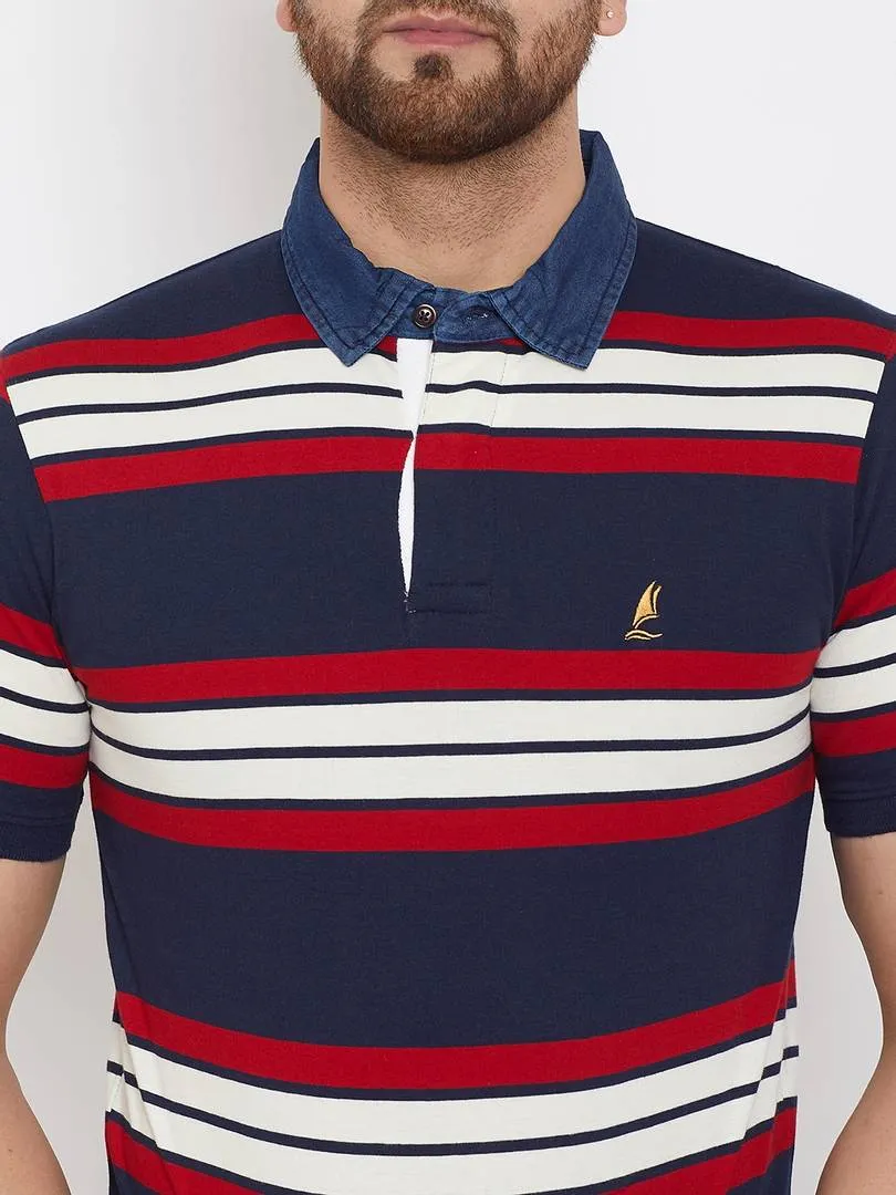 Men's Navy Blue Cotton Striped Polos