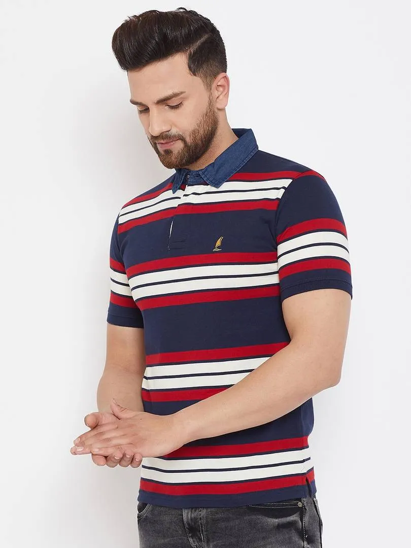 Men's Navy Blue Cotton Striped Polos