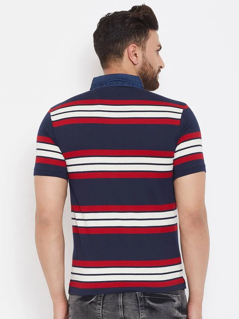 Men's Navy Blue Cotton Striped Polos