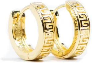 Men's Women's Trendy Small Solid 14K Yellow Gold 925 Sterling Silver Hypoallergenic Unisex Greek Key Pattern Huggie Hoop Earrings Jewelry Gifts for Men Women