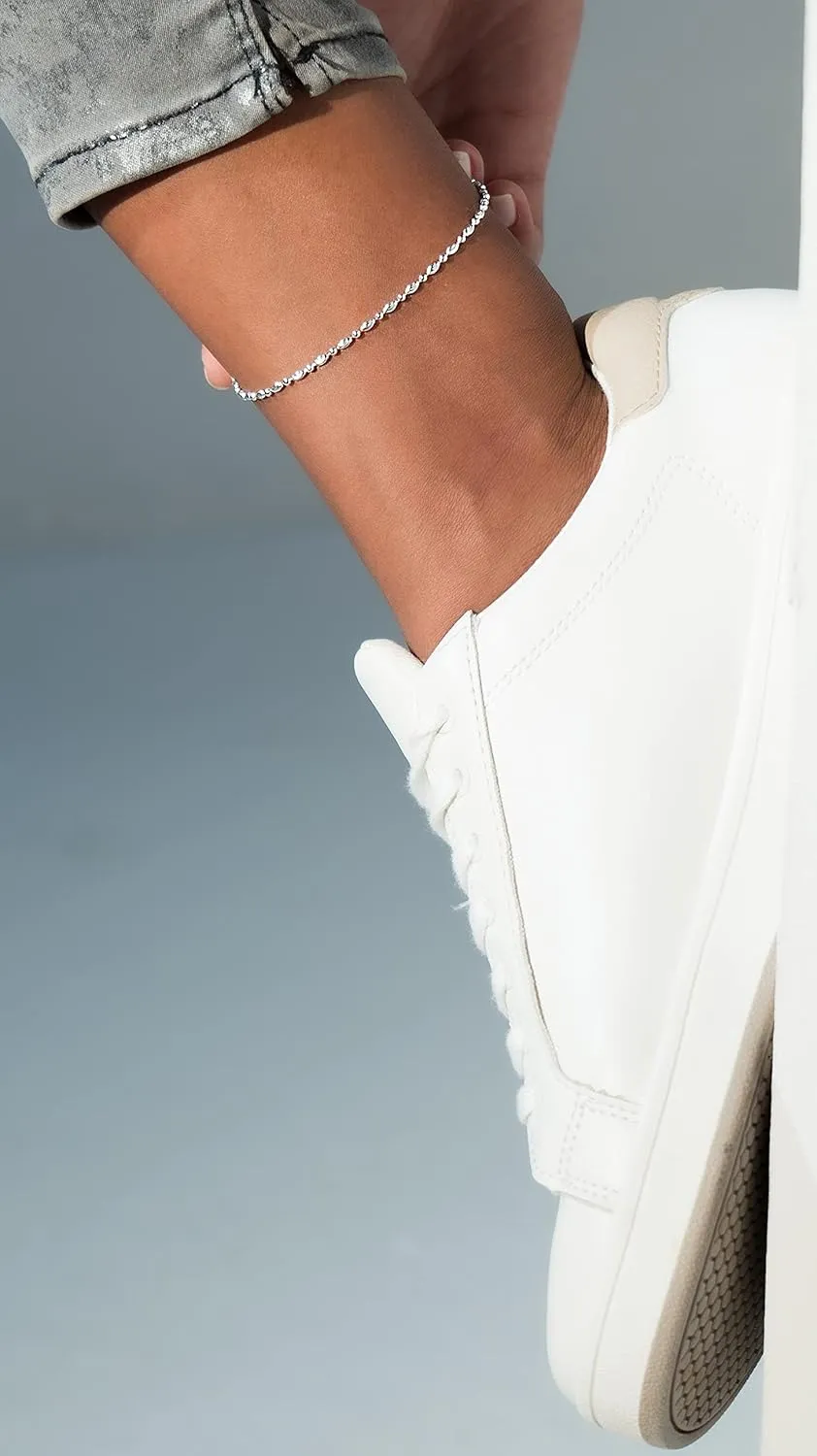 Miabella 925 Sterling Silver Diamond-Cut Oval and Round Bead Ball Chain Anklet Ankle Bracelet for Women, Made in Italy
