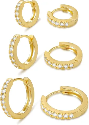micuco 3 Pairs Small Hoop Earrings Tiny Cartilage Earrings for Women Cubic Zirconia Earrings Huggie Hoop Ear Piercing Earrings for Men 8mm 10mm 12mm