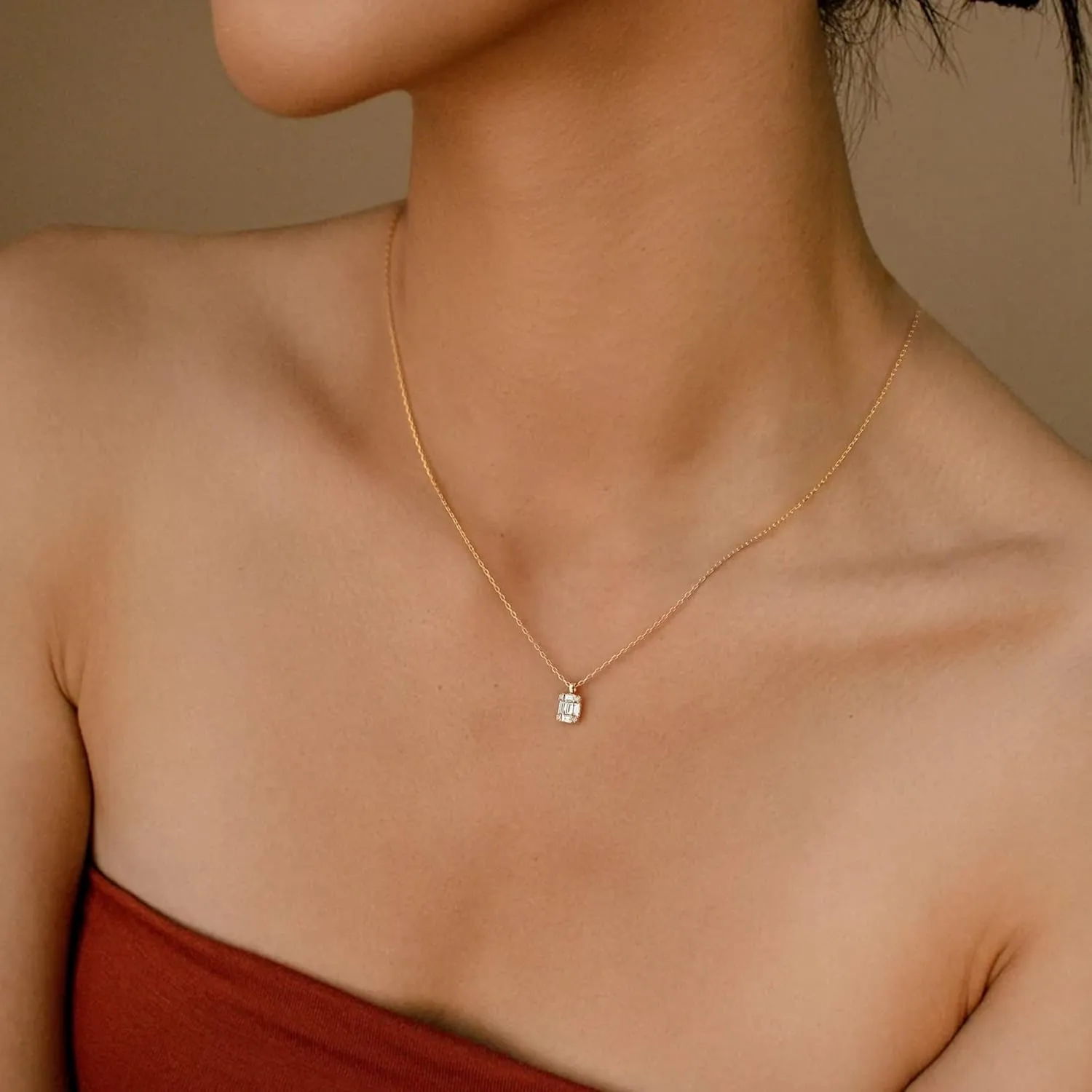 MIDEEO CZ Diamond Necklace for Women Dainty Layered Cubic Zirconia Solitaire Pendant Necklace Gold Plated Waterdrop Shape Square Emerald Green CZ Simulated Diamond Bridesmaid Necklace