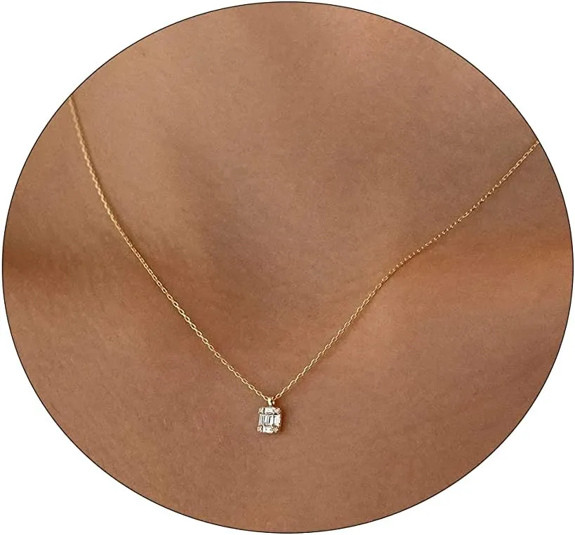 MIDEEO CZ Diamond Necklace for Women Dainty Layered Cubic Zirconia Solitaire Pendant Necklace Gold Plated Waterdrop Shape Square Emerald Green CZ Simulated Diamond Bridesmaid Necklace