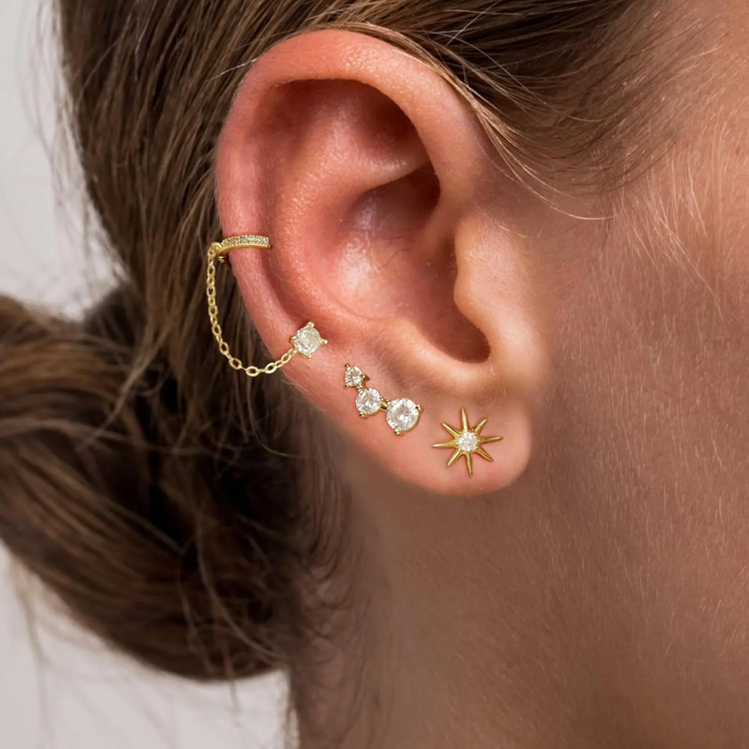 MIDEEO Stud Earrings for Women 14K Gold Plated Flat Back Stud Earrings Set for Multiple Piercing Lightweight Diamond Stud Hoop Hypoallergenic Earrings Gift for Her