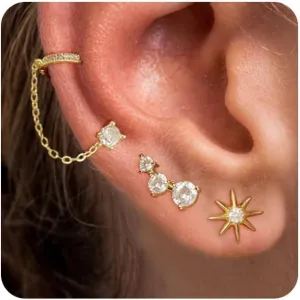 MIDEEO Stud Earrings for Women 14K Gold Plated Flat Back Stud Earrings Set for Multiple Piercing Lightweight Diamond Stud Hoop Hypoallergenic Earrings Gift for Her
