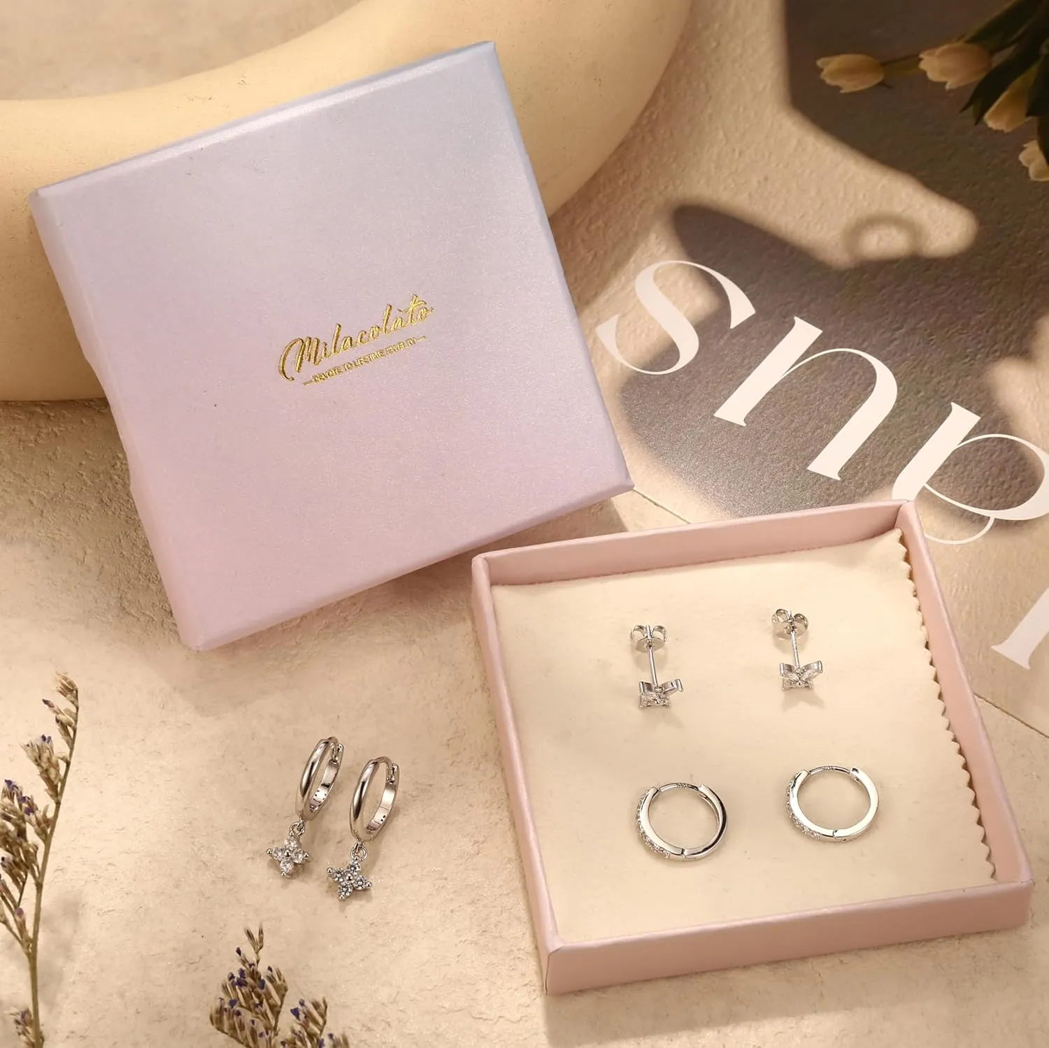 MILACOLATO 3 Pairs 925 Sterling Silver Earrings for Women, Dainty 14K Gold Plated Huggie Hoop Earrings Sets for Multiple Piercing, Hypoallergenic Cartilage Stud Hoop Earrings Stacks Trendy Jewelry Gifts for Women Mother