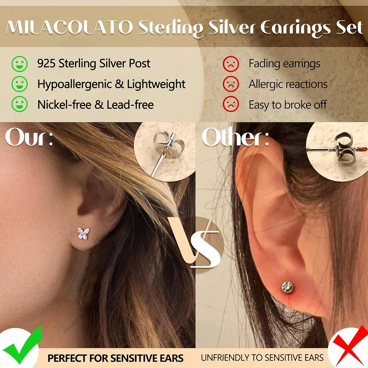 MILACOLATO 3 Pairs 925 Sterling Silver Earrings for Women, Dainty 14K Gold Plated Huggie Hoop Earrings Sets for Multiple Piercing, Hypoallergenic Cartilage Stud Hoop Earrings Stacks Trendy Jewelry Gifts for Women Mother