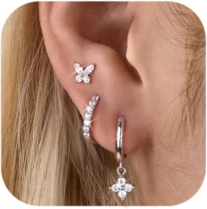 MILACOLATO 3 Pairs 925 Sterling Silver Earrings for Women, Dainty 14K Gold Plated Huggie Hoop Earrings Sets for Multiple Piercing, Hypoallergenic Cartilage Stud Hoop Earrings Stacks Trendy Jewelry Gifts for Women Mother