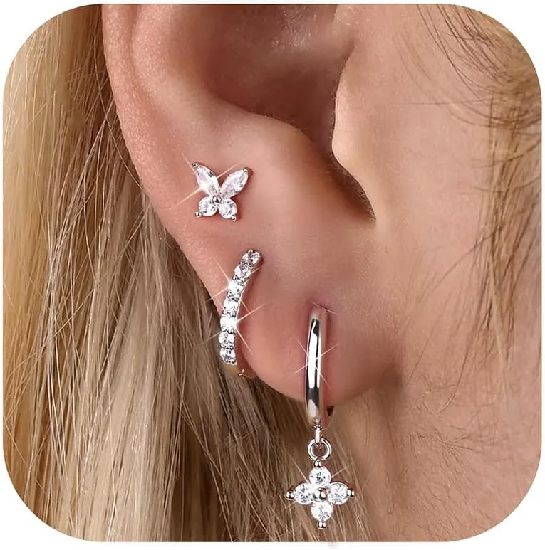 MILACOLATO 3 Pairs 925 Sterling Silver Earrings for Women, Dainty 14K Gold Plated Huggie Hoop Earrings Sets for Multiple Piercing, Hypoallergenic Cartilage Stud Hoop Earrings Stacks Trendy Jewelry Gifts for Women Mother