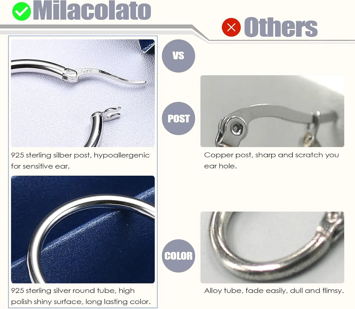 Milacolato 925 Sterling Silver Hoop Earrings for Women 18K White Gold Plated 2.5mm Chunky Huggie Hoop Earrings Hypoallergenic Lightweight Round-Tube Circle Small Big Hoop Earrings 13/15/20/25/30/40/50/60mm