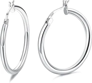 Milacolato 925 Sterling Silver Hoop Earrings for Women 18K White Gold Plated 2.5mm Chunky Huggie Hoop Earrings Hypoallergenic Lightweight Round-Tube Circle Small Big Hoop Earrings 13/15/20/25/30/40/50/60mm