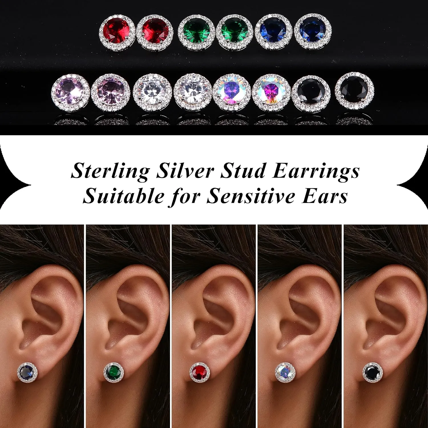 MILACOLATO Cubic Zirconia Stud Earrings 18K Gold Plated Sterling Silver Post Earrings 10MM Square Round Heart Simulated Diamond Halo Stud Earrings Rhinestone Dance Competition Earrings for Women Hypoallergenic