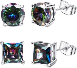 Milacolato Cubic Zirconia Stud Earrings for Women Men | 18K White Gold Plated Sterling Silver Stud Earrings | Brilliant Cut Simulated Diamond Stud Earrings for Sensitive Ears | 2Pairs