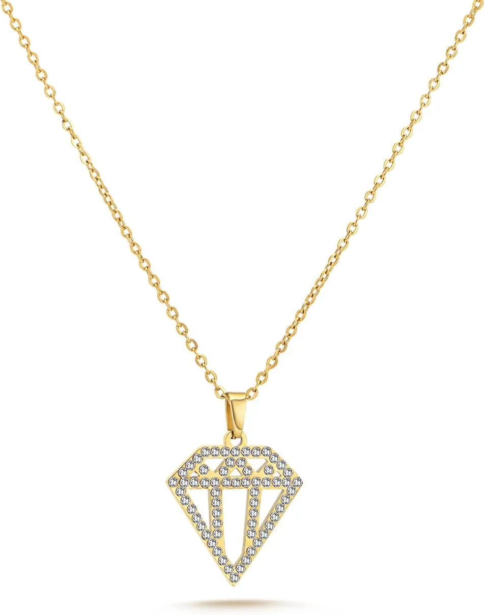 Milan Chiva 14K Gold Chunky Plated Necklace for women, Dainty Trendy Non Tarnish Pendant Charm Necklaces Fashion Jewelry for Women Diamond