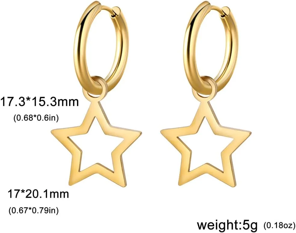 Minimalist Hollow Star Small Hoop Dangle Drop Earrings for Women Dainty Hypoallergenic Stainless Steel Silver Gold Plated Star Charm Huggie Hoops Piercing Hooped Fashion Christmas Jewelry