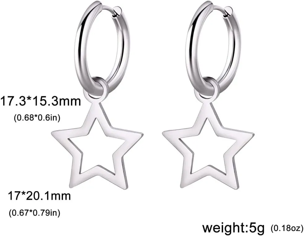 Minimalist Hollow Star Small Hoop Dangle Drop Earrings for Women Dainty Hypoallergenic Stainless Steel Silver Gold Plated Star Charm Huggie Hoops Piercing Hooped Fashion Christmas Jewelry