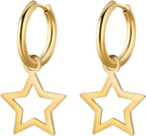 Minimalist Hollow Star Small Hoop Dangle Drop Earrings for Women Dainty Hypoallergenic Stainless Steel Silver Gold Plated Star Charm Huggie Hoops Piercing Hooped Fashion Christmas Jewelry