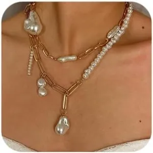 Missgrace Boho Women Dainty Layered Simple Y Long Tassel Necklace Pearls Pendant Multilayered Necklaces for Women