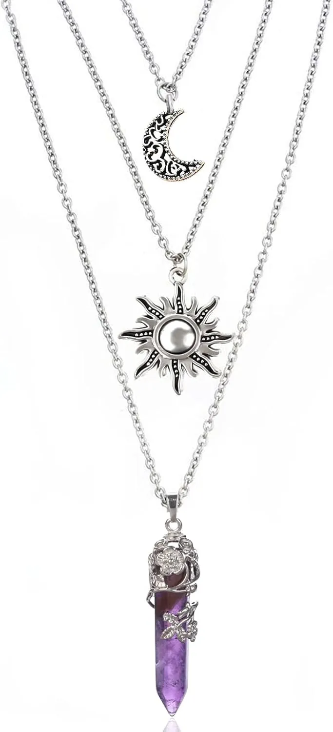MJartoria Gothic Necklaces Chakra Sun and Moon Charm Pendant Layered Choker Necklace Set Gothic Jewelry for Women