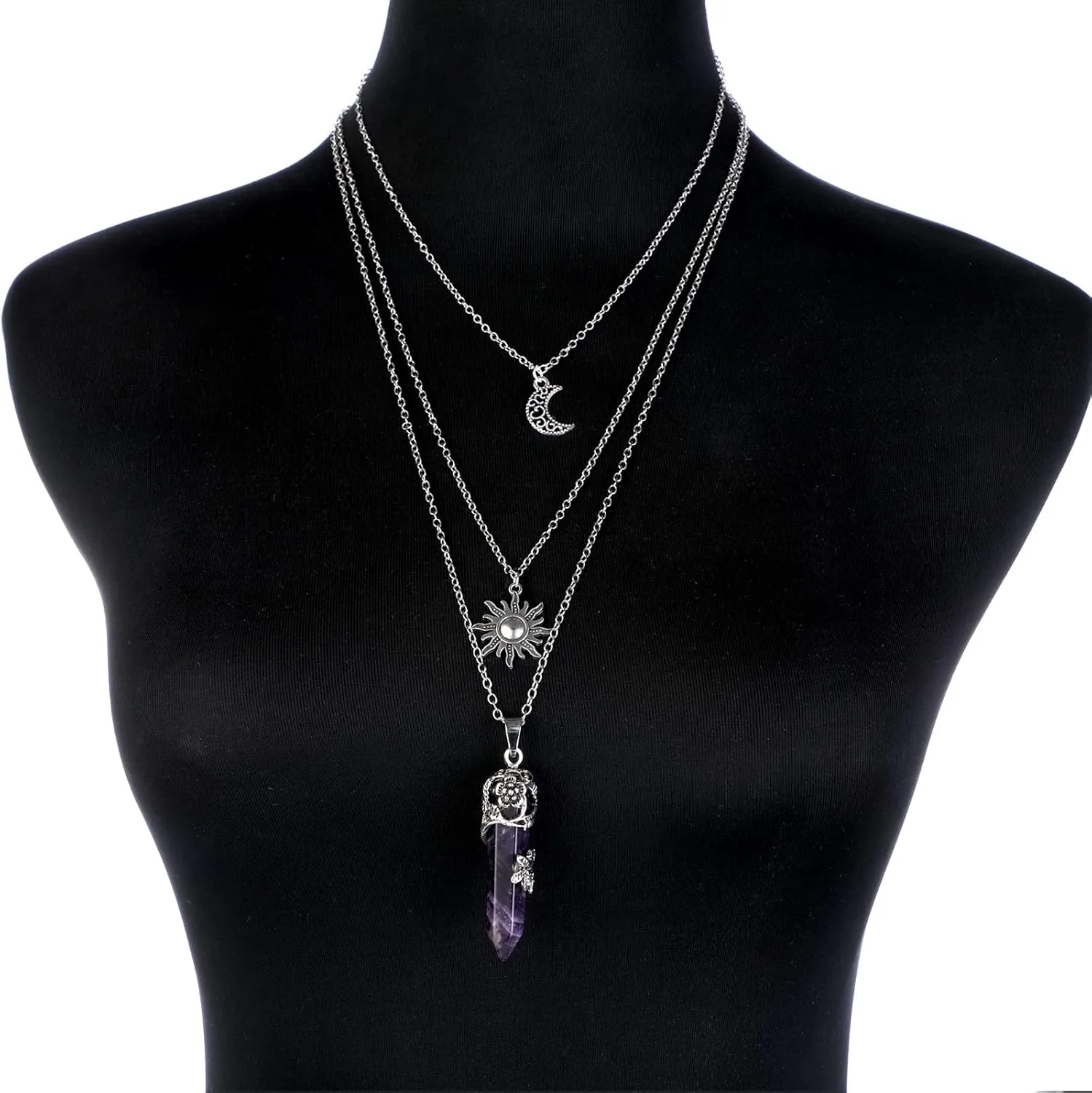 MJartoria Gothic Necklaces Chakra Sun and Moon Charm Pendant Layered Choker Necklace Set Gothic Jewelry for Women