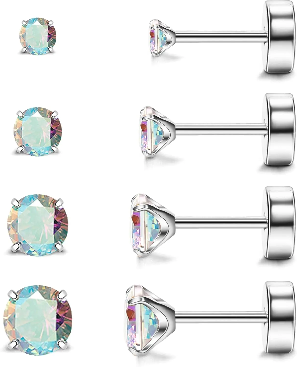 MJust Hypoallergenic Flat Back Earrings for Women & Men, 4 Pairs Implant Grade Titanium Stud Earrings with Flat Backs for Cartilage, Screw Back Pure Titanium Earrings Set for Sensitive Ears with CZ