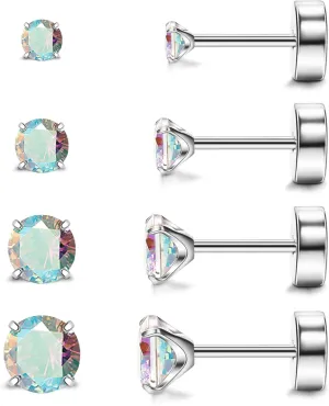 MJust Hypoallergenic Flat Back Earrings for Women & Men, 4 Pairs Implant Grade Titanium Stud Earrings with Flat Backs for Cartilage, Screw Back Pure Titanium Earrings Set for Sensitive Ears with CZ