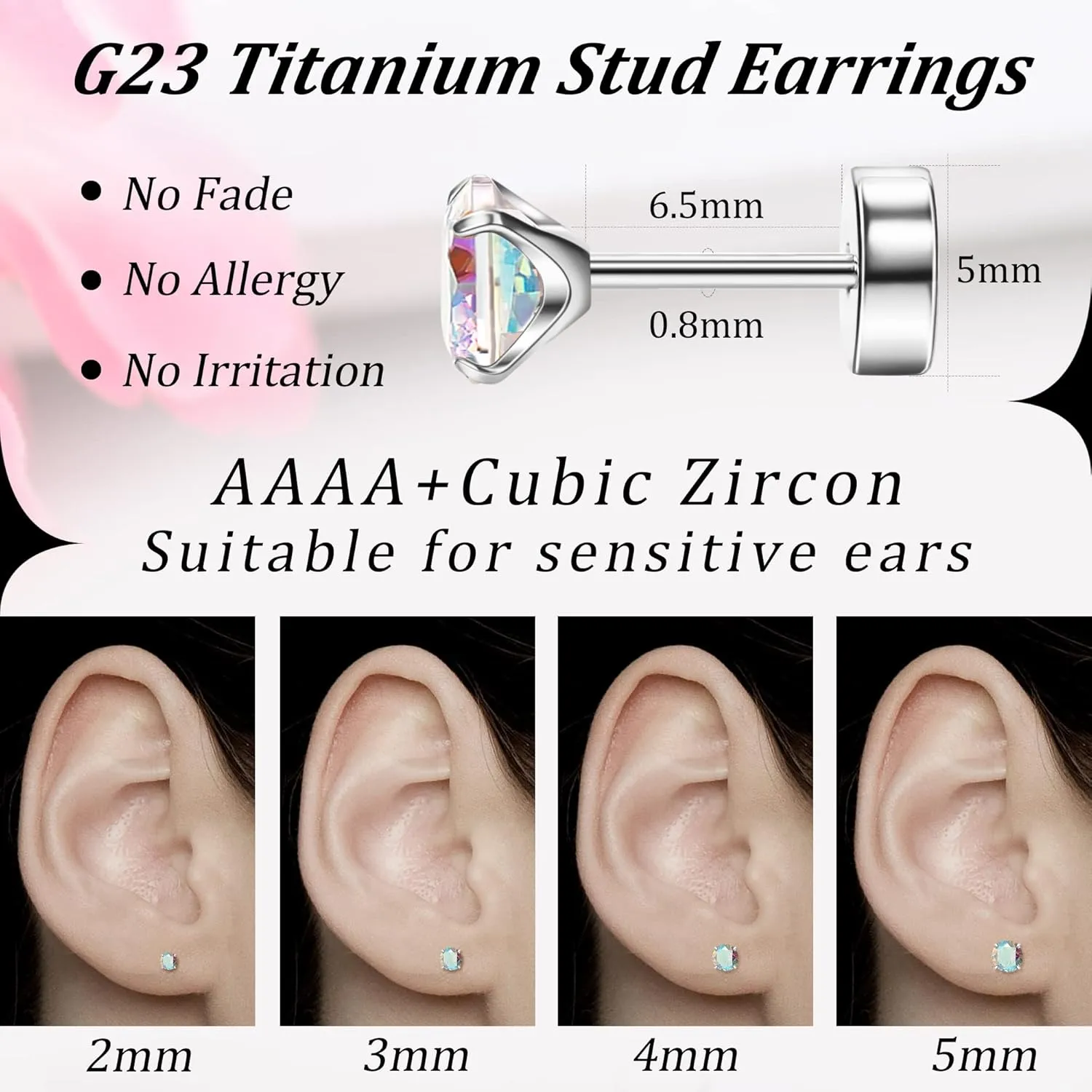 MJust Hypoallergenic Flat Back Earrings for Women & Men, 4 Pairs Implant Grade Titanium Stud Earrings with Flat Backs for Cartilage, Screw Back Pure Titanium Earrings Set for Sensitive Ears with CZ