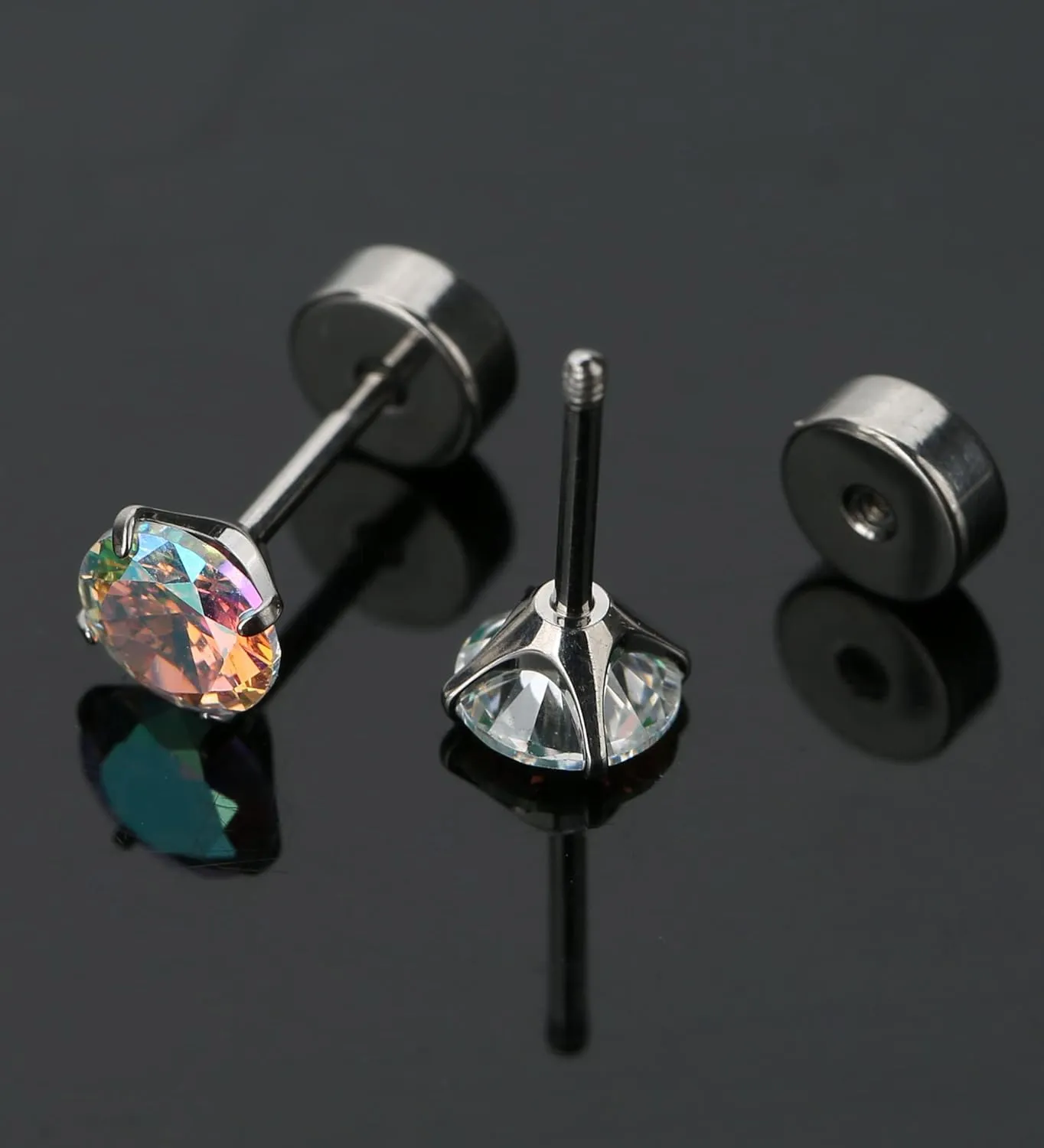 MJust Hypoallergenic Flat Back Earrings for Women & Men, 4 Pairs Implant Grade Titanium Stud Earrings with Flat Backs for Cartilage, Screw Back Pure Titanium Earrings Set for Sensitive Ears with CZ