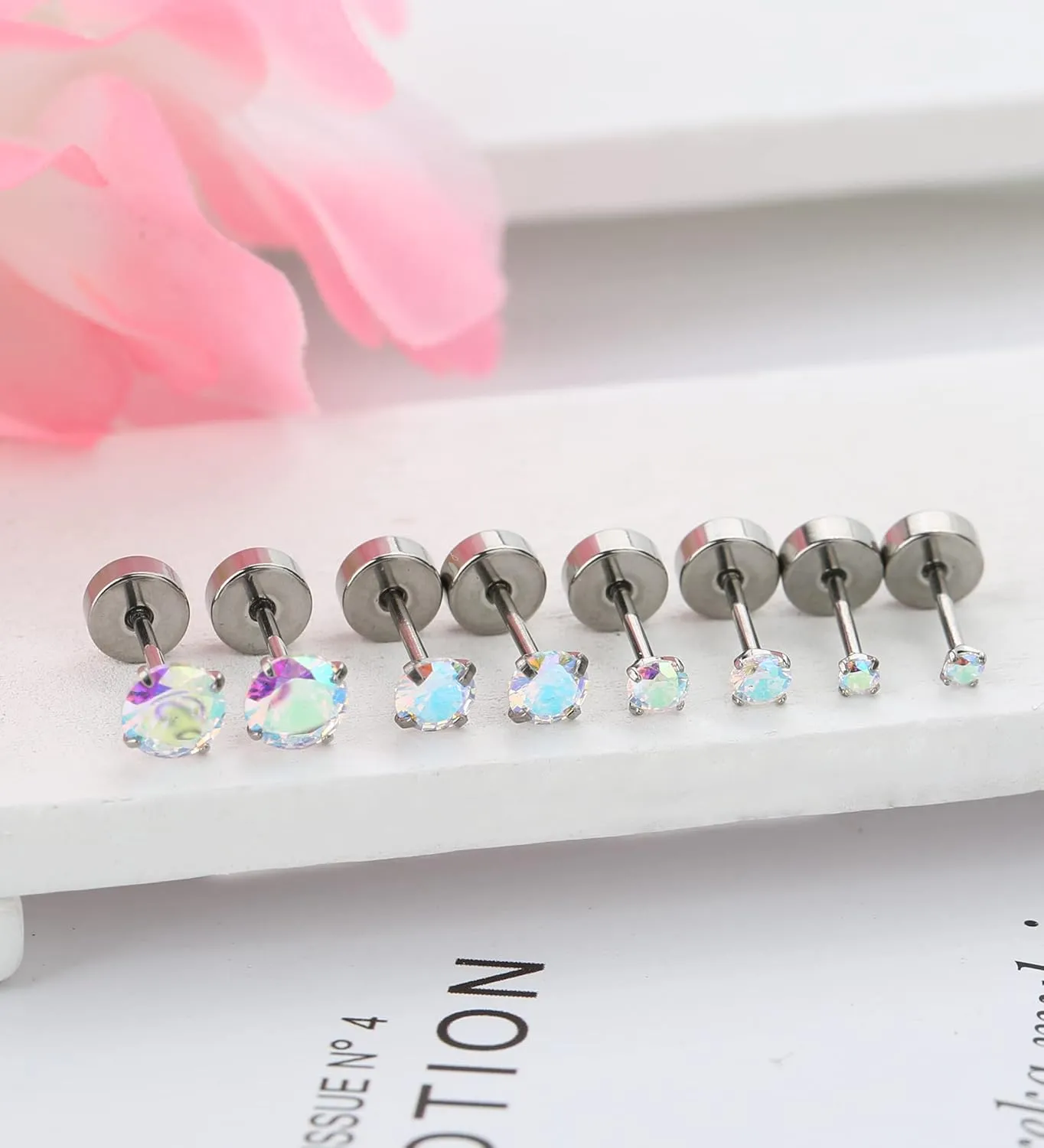 MJust Hypoallergenic Flat Back Earrings for Women & Men, 4 Pairs Implant Grade Titanium Stud Earrings with Flat Backs for Cartilage, Screw Back Pure Titanium Earrings Set for Sensitive Ears with CZ