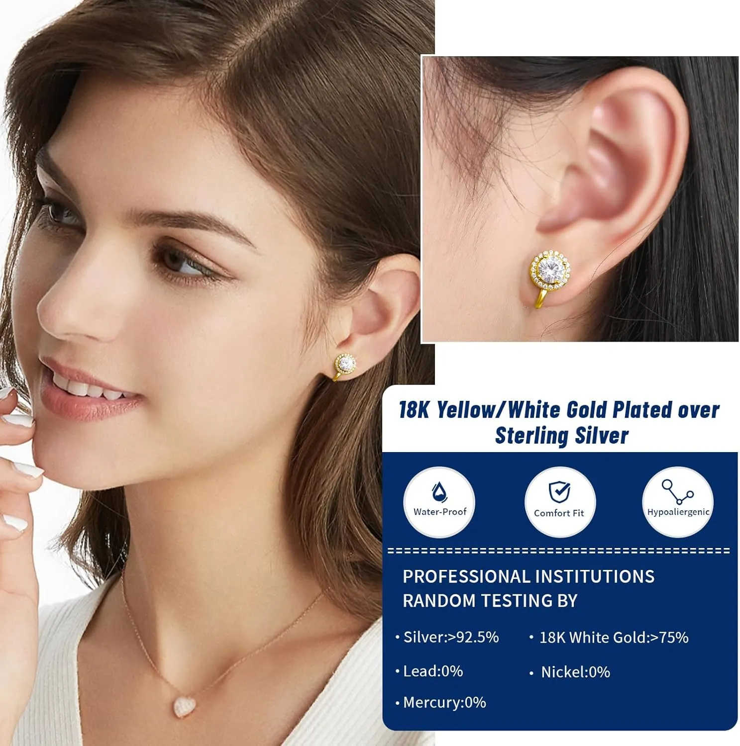 Moissanite Earrings Clip On Earrings Women Comfortable Non Pierced Earrings Hypoallergenic 18k Gold Plated Sterling Silver Lab Diamond Clip Earring Jewelry Gift for without Piercing Ear 1.0Carats