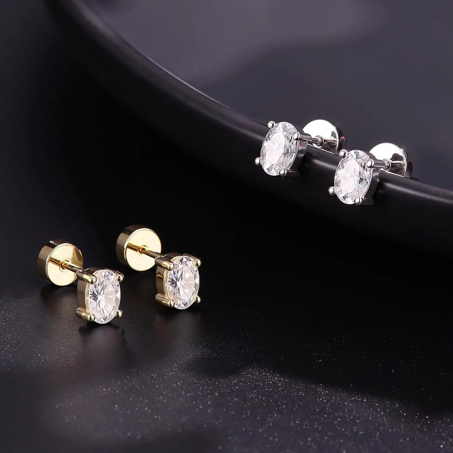Moissanite Earrings Studs Flat Back Earrings Hypoallergenic - 14K Gold Plated Sterling Silver Earring for Women Men Small Dainty Cartilage Helix Piercing Jewelry D Color VVS1