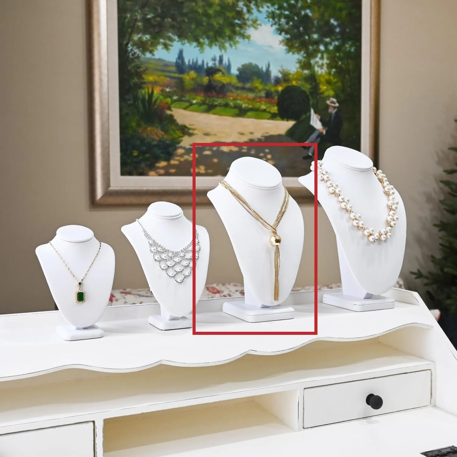 MOOCA 2 Pcs Deluxe Medium Necklace Chain Jewelry Display Holder, Jewelry Stand, Necklaces Display Mannequin Bust Stand, White Faux Leather