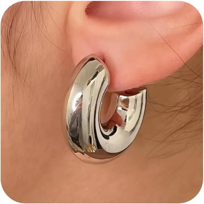 Moodear Trendy Chunky Hoop Earrings for Women - Dainty 14K Gold Plated Thinck Open Hoops Hypoallergenic Lightweight Earring Jewelry Gift
