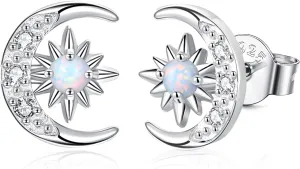 Moon and Star Earrings 925 Sterling Silver Opal Stud Earrings for Women Hypoallergenic Sun and Moon Earrings Crescent Moon Star Jewelry Gift for Women for Sensitive Ears