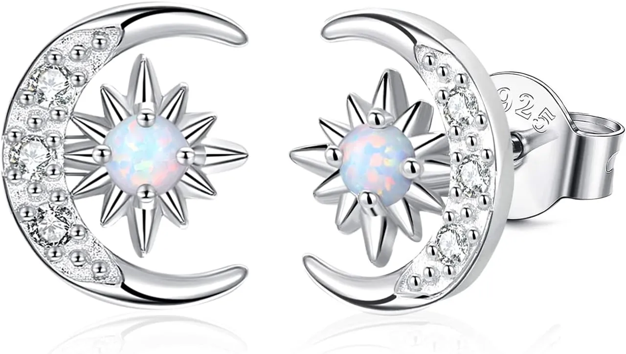 Moon and Star Earrings 925 Sterling Silver Opal Stud Earrings for Women Hypoallergenic Sun and Moon Earrings Crescent Moon Star Jewelry Gift for Women for Sensitive Ears