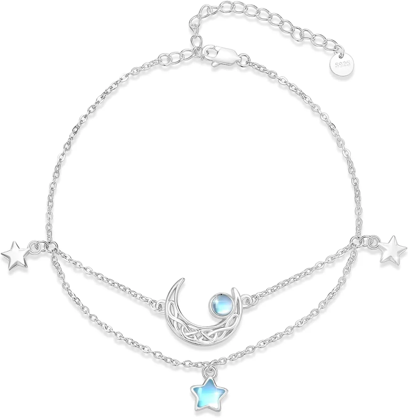 Moonstone Bracelet for Women 925 Sterling Silver Moon And Star Bracelet Mothers Day Gifts Adjustable Celtic Moon Crescent Charms Moonstone Jewelry Celestial Jewelry Gift for Women