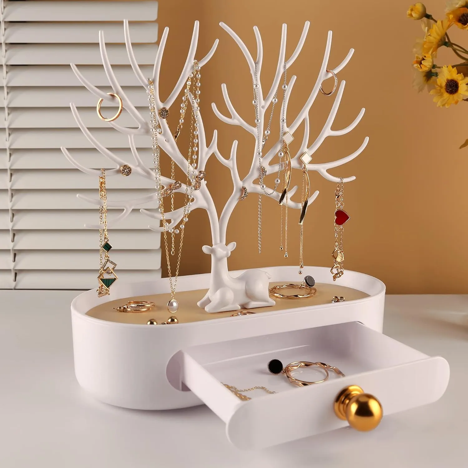 MORE&LESS Antlers Jewelry Display Stand with Aluminium alloy handle, Tree Tower Rack Hanging Organizer for Ring Earrings Necklace Bracelet, Deer Horn Tree Stand with Storage Drawer and Tray