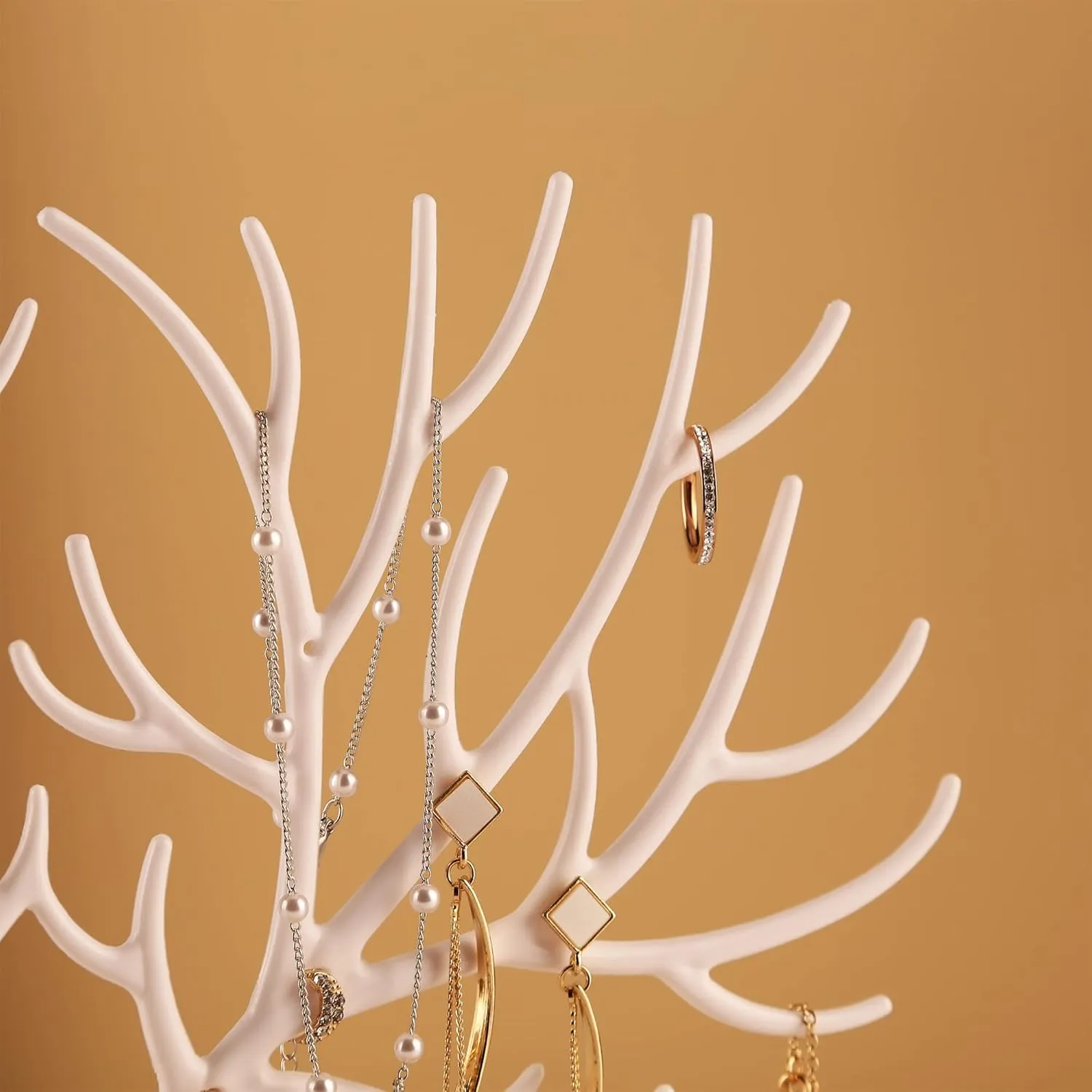 MORE&LESS Antlers Jewelry Display Stand with Aluminium alloy handle, Tree Tower Rack Hanging Organizer for Ring Earrings Necklace Bracelet, Deer Horn Tree Stand with Storage Drawer and Tray