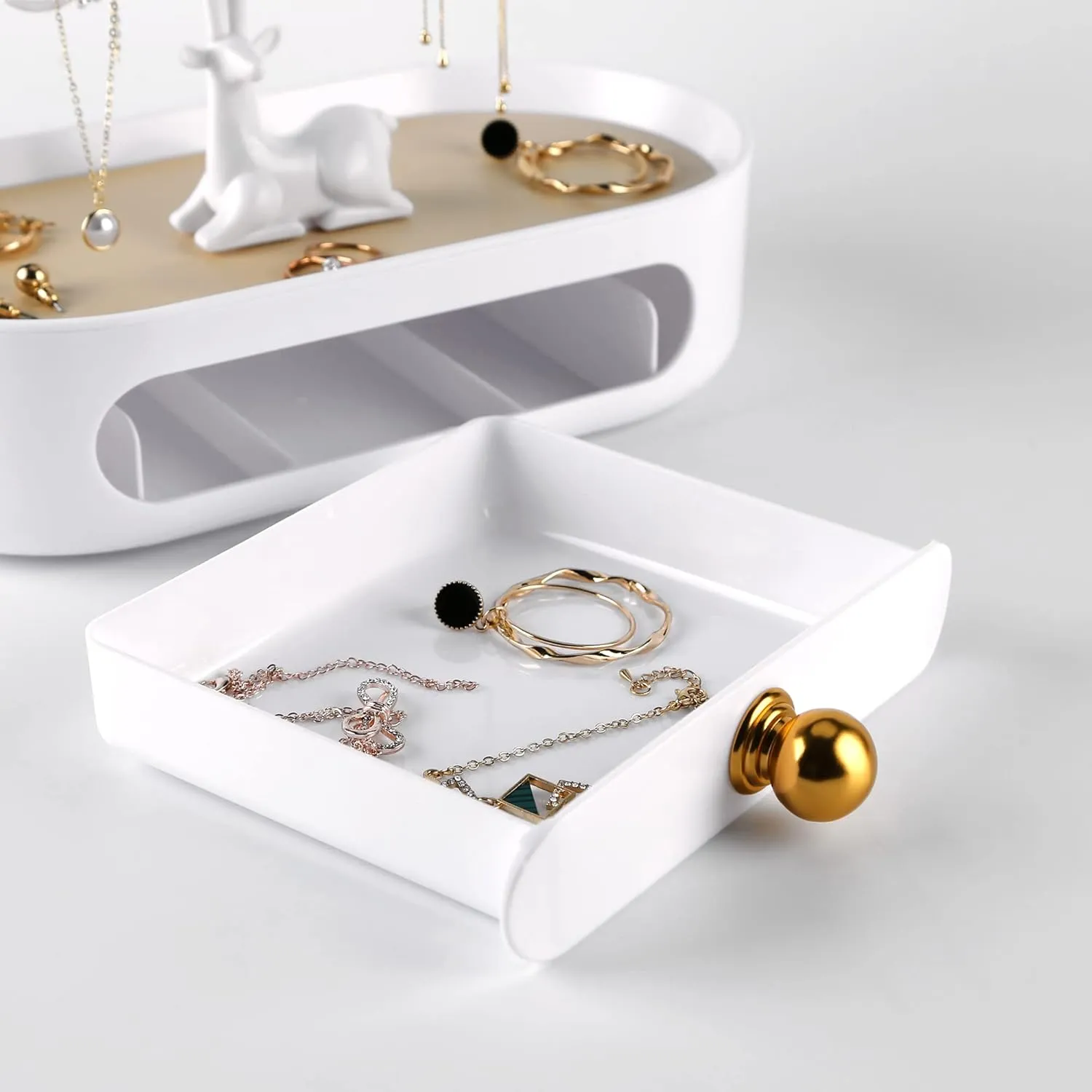 MORE&LESS Antlers Jewelry Display Stand with Aluminium alloy handle, Tree Tower Rack Hanging Organizer for Ring Earrings Necklace Bracelet, Deer Horn Tree Stand with Storage Drawer and Tray