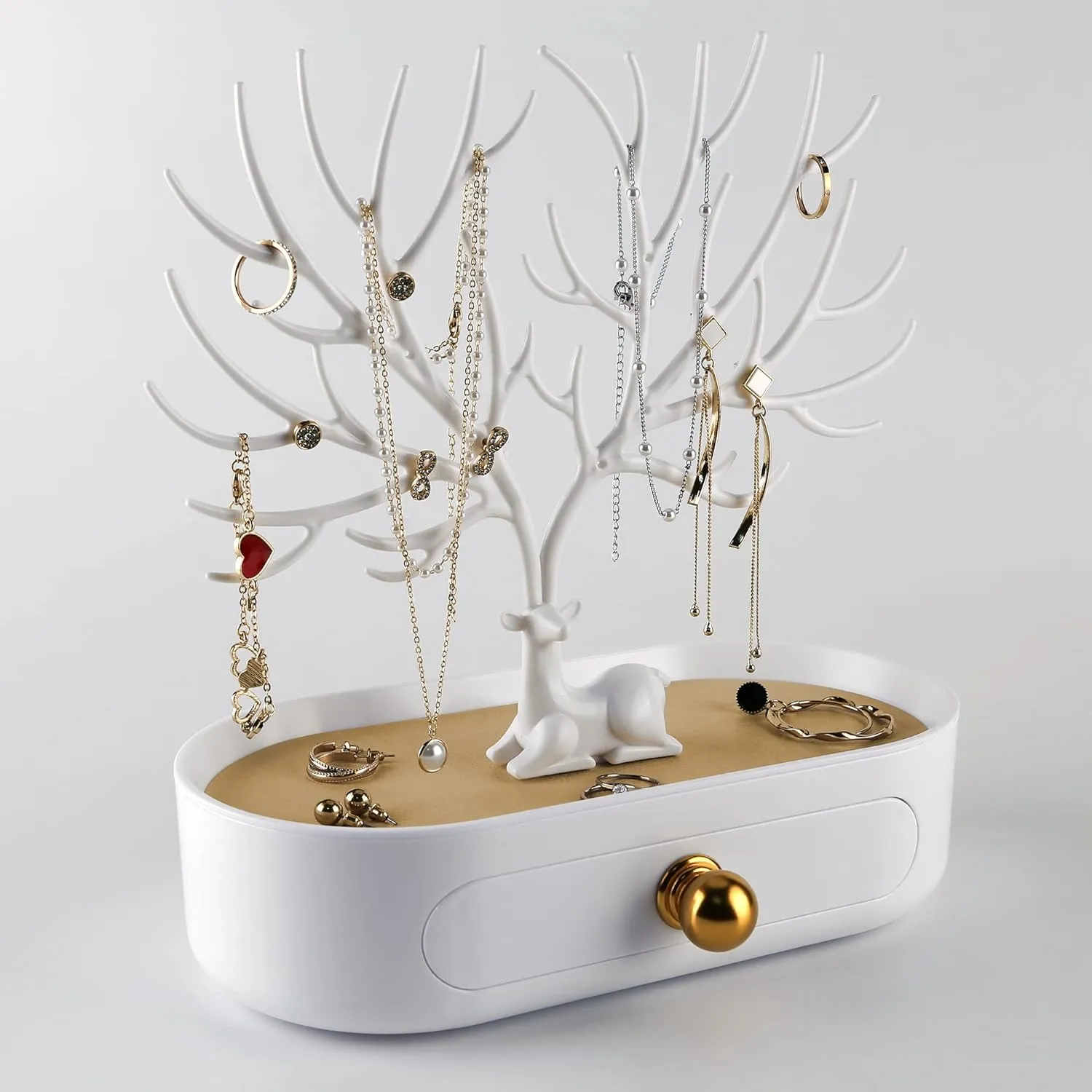 MORE&LESS Antlers Jewelry Display Stand with Aluminium alloy handle, Tree Tower Rack Hanging Organizer for Ring Earrings Necklace Bracelet, Deer Horn Tree Stand with Storage Drawer and Tray