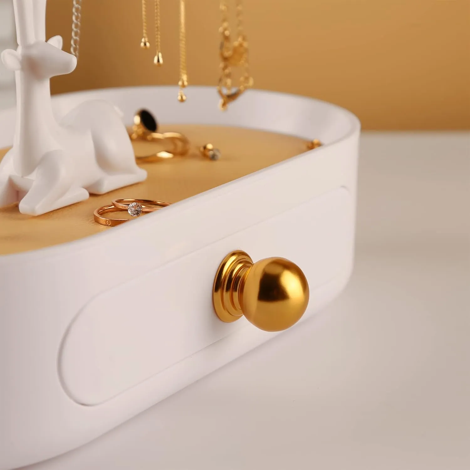 MORE&LESS Antlers Jewelry Display Stand with Aluminium alloy handle, Tree Tower Rack Hanging Organizer for Ring Earrings Necklace Bracelet, Deer Horn Tree Stand with Storage Drawer and Tray