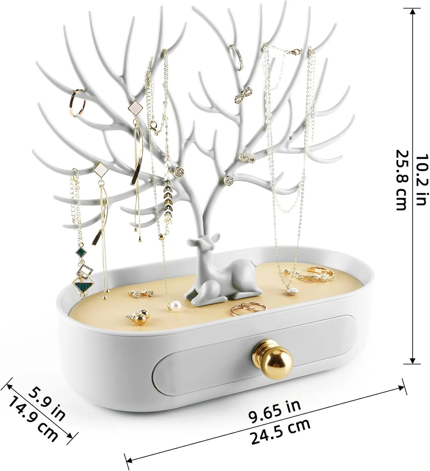 MORE&LESS Antlers Jewelry Display Stand with Aluminium alloy handle, Tree Tower Rack Hanging Organizer for Ring Earrings Necklace Bracelet, Deer Horn Tree Stand with Storage Drawer and Tray