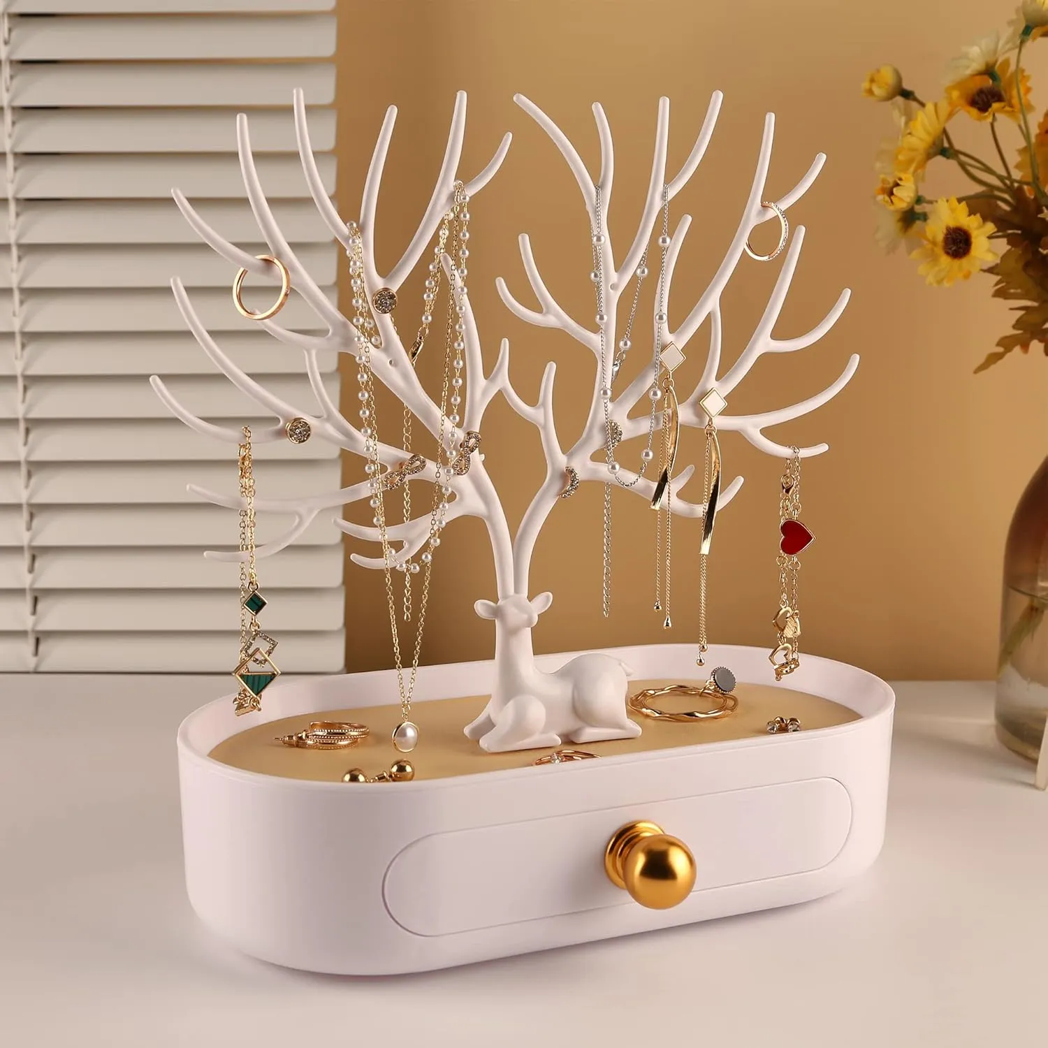 MORE&LESS Antlers Jewelry Display Stand with Aluminium alloy handle, Tree Tower Rack Hanging Organizer for Ring Earrings Necklace Bracelet, Deer Horn Tree Stand with Storage Drawer and Tray