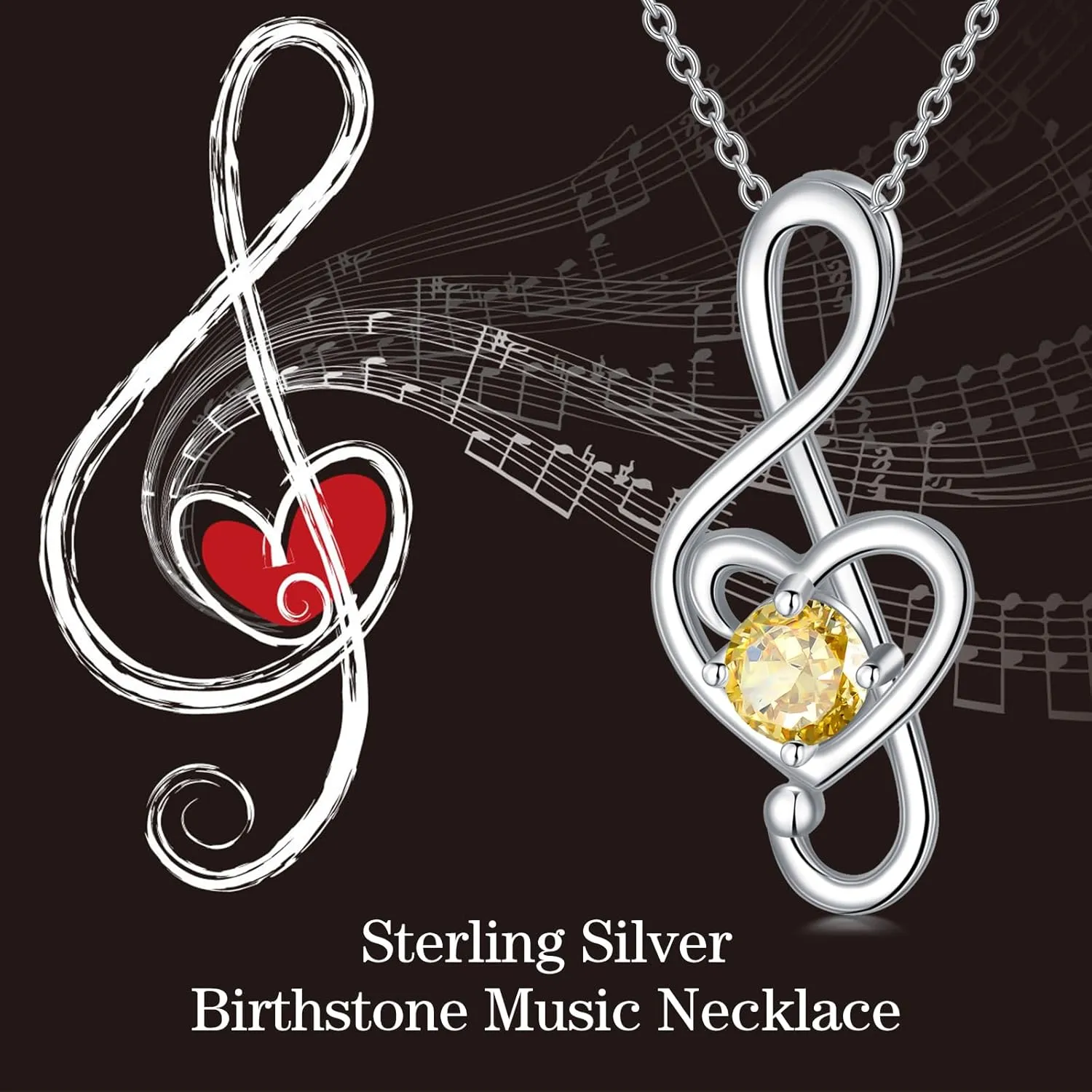 Music Note Necklaces for Women Sterling Silver 12 Birthstone Musical Necklace Jewelry Birthday Gifts Music Lovers Student Teacher